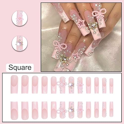 Miniatura 2 de Lindas uñas postizas cuadradas largas y cuadradas Y2K BAOYAALIN, uñas postizas rosas con diamantes de imitación de aleación 3D, diseño de perlas,