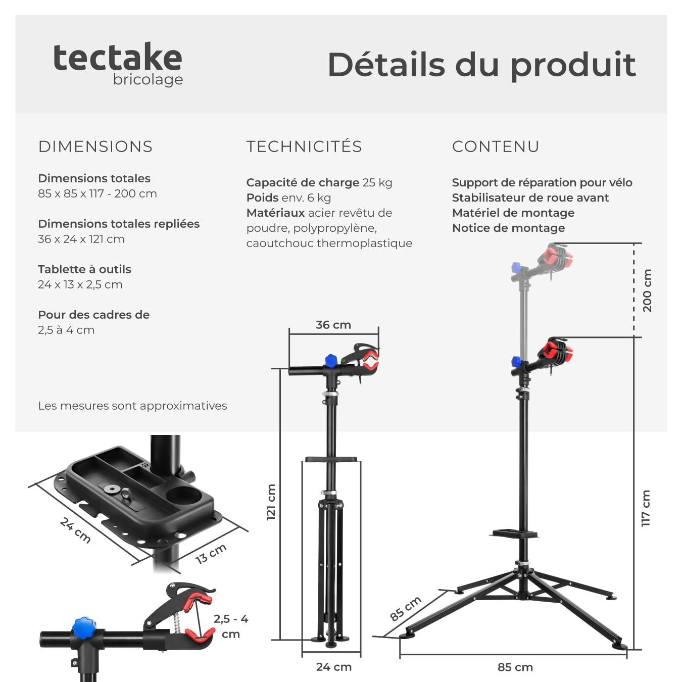 tectake® Support Velo Pieds d'atelier Support Vélo, Montage Entretien Reparation VTT Vélo electrique Velo de course, Charge max. 25kg Réglable Pliable - 85 cm x 85 cm x 200 cm