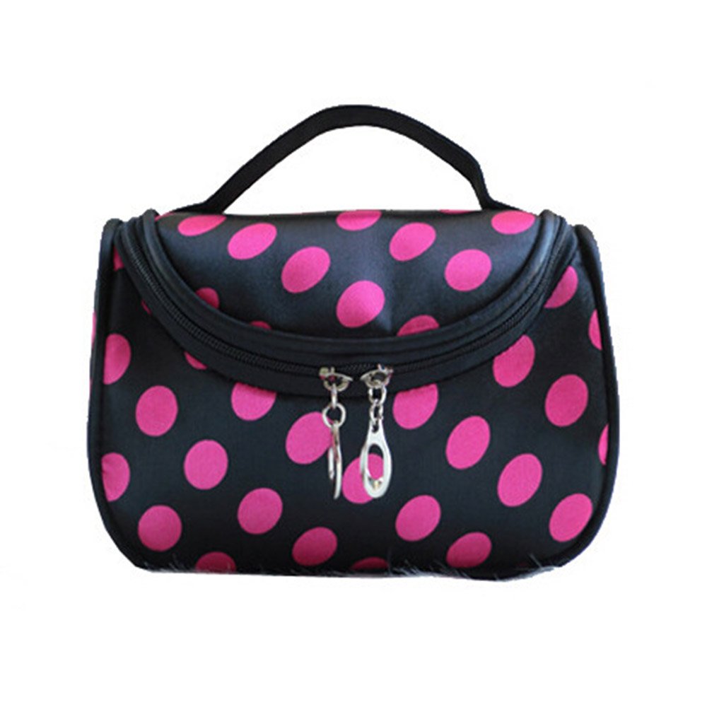 Panytow Girls Black+Rosy Cosmetic Bag Polka Dots, Cute Travel Toiletry Organiser Make Up Bag For (Classic Black)