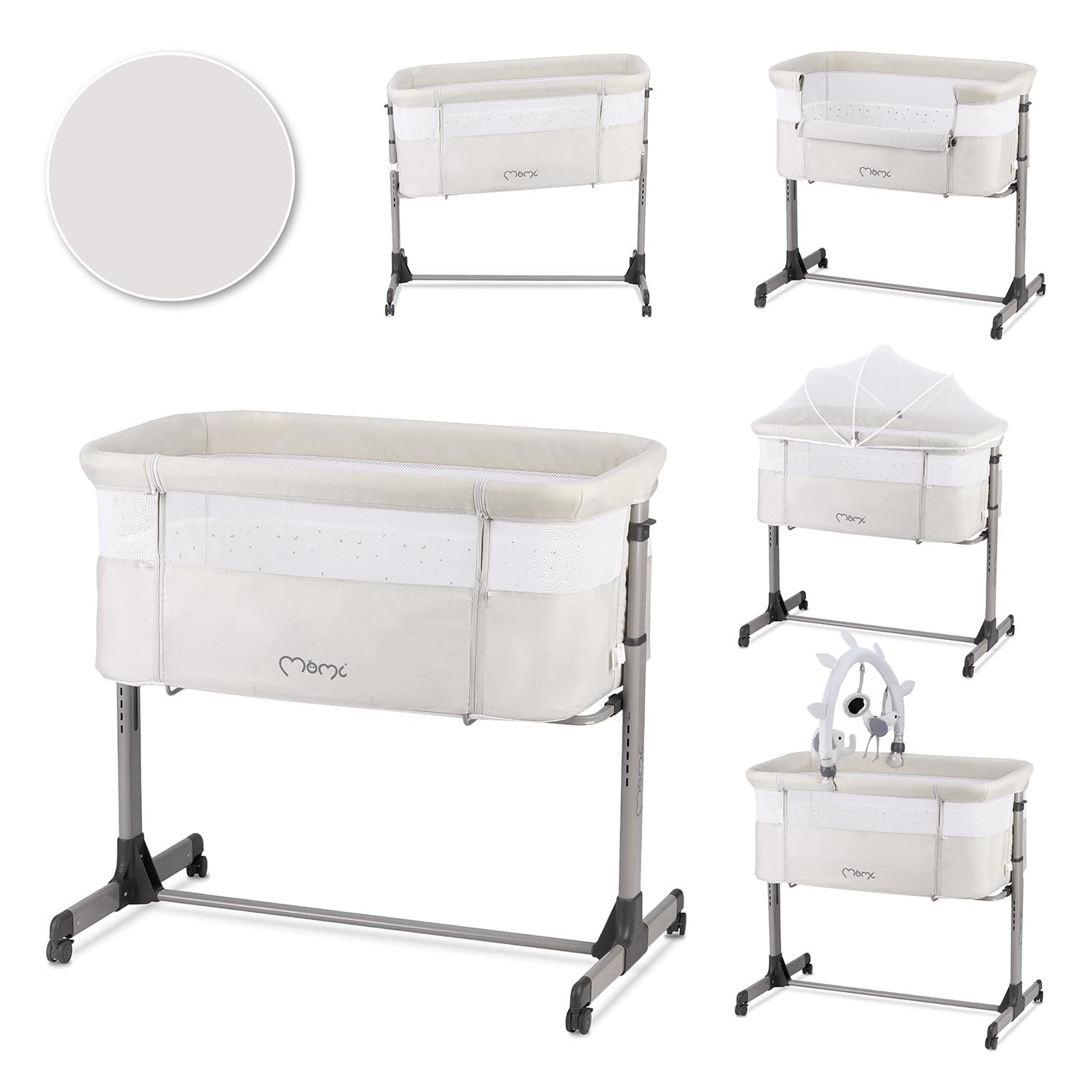 Momi REVO Cuna Multifuncional Ajustable en 6 Posiciones de Altura de 72 a 82 cm, con Ruedas, colchón Incluido, Correas de fijación, mosquitera y Barra de Juguetes