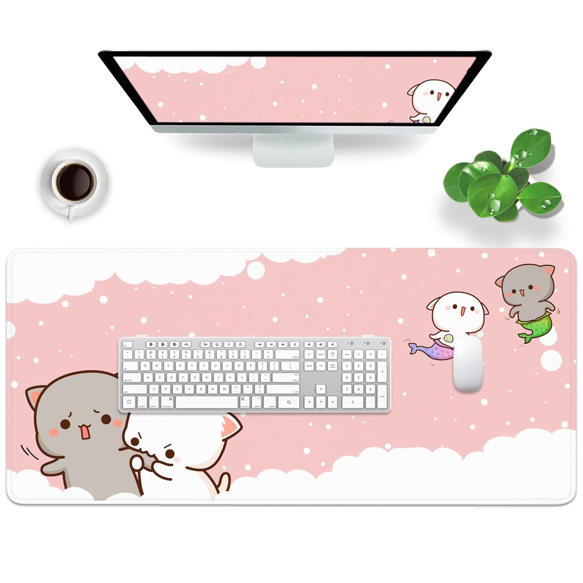 Pink Large Gaming Mouse Pad Cat Desk Pad XXL Cute Mouse Mat 35x15.7x0.12 inch Desk Accessories Kawaii Keyboard Pad (Pink -5)