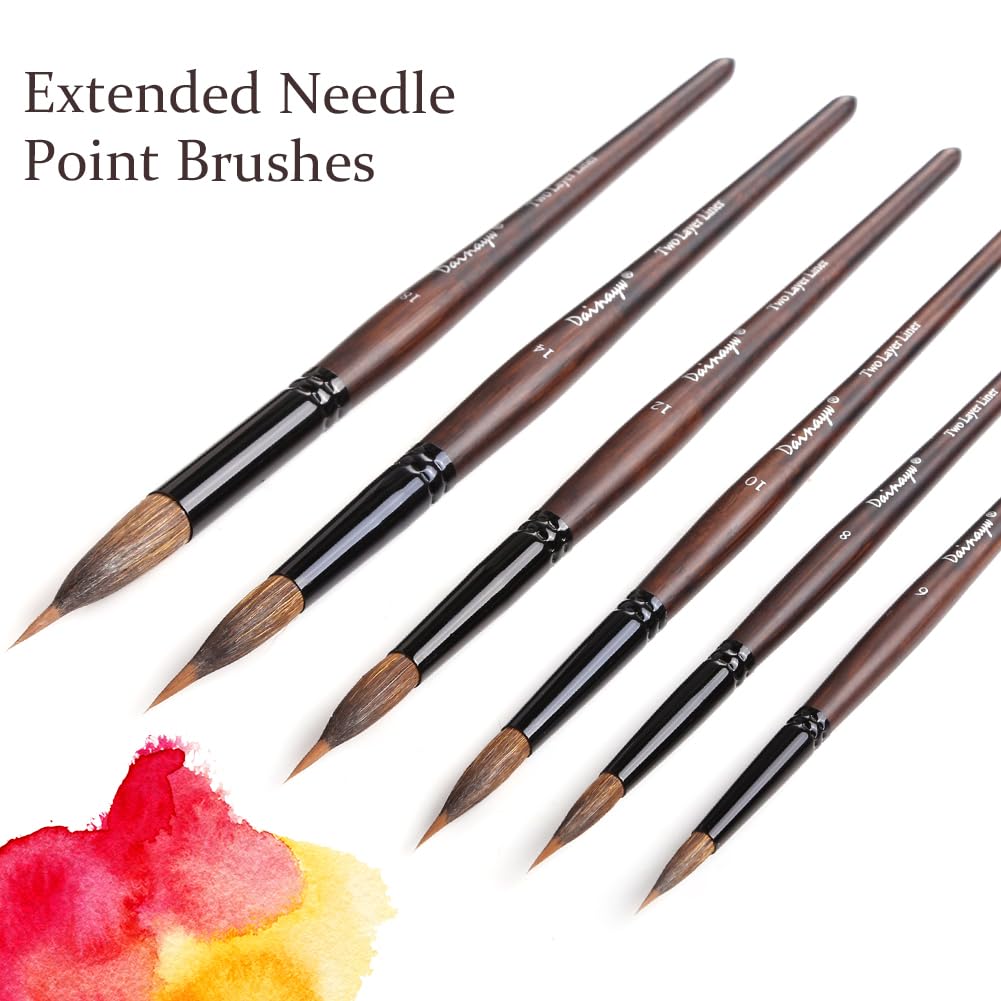 6-teiliges verlängertes Nadelspitzen-Pinsel-Set, zweilagige Liner, Aquarellpinsel, Zobel-Künstlerpinsel für Kunst-Details, Blätter, Blumenzeichnungen