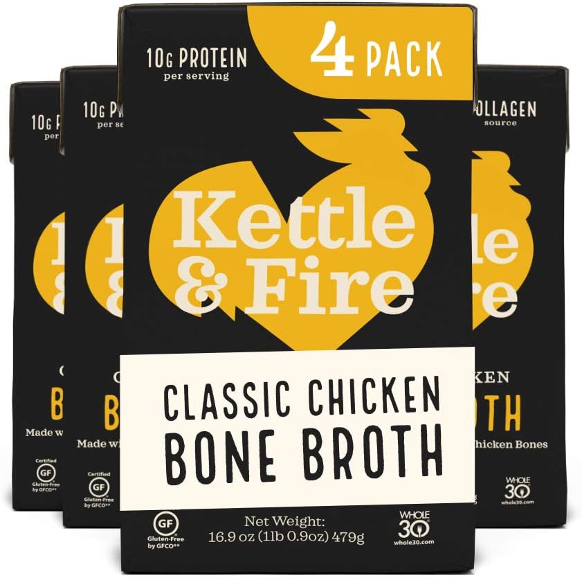 Kettle & Fire Chicken Bone Broth Soup by and Pack of 4, Keto Diet, Paleo Friendly, Whole 30 Approved, Gluten Free, with Collagen, 10g of protein,16.9 Oz (Pack of 4)