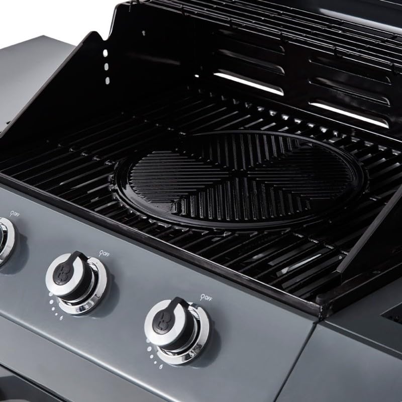 BRASERO - Barbecue Emma Gun Metal 3 Feux + 1 Side - FlexiGrill - Jusqu'à 10 convives - Surface de cuisson 57 x 41,5 cm - 2 Tablettes dont 1 brûleur latéral - Housse de protection