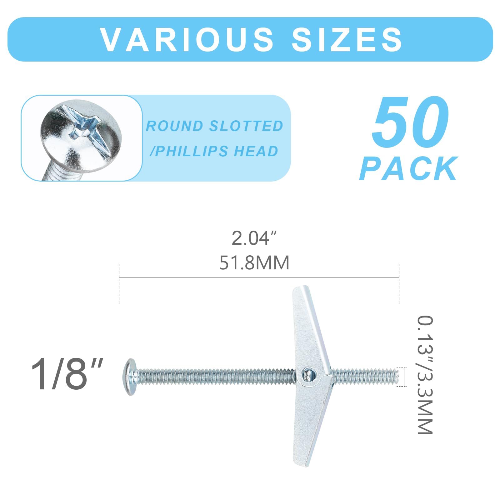 50 Pcs 1/8 Inch Toggle Bolts for Drywall, Heavy Duty Metal Drywall Anchors Kit, Dry Wall Anchors and Screws Kit, Butterfly Anchors for Ceiling, Sheetrock, Hollow Wall