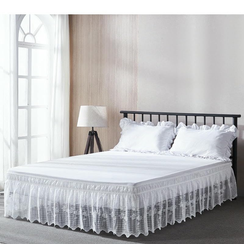 Jupe de lit en Dentelle Blanche, Jupe de lit Anti-poussière, modèle Enveloppant avec élastique Ajustable, Douce et Respirante