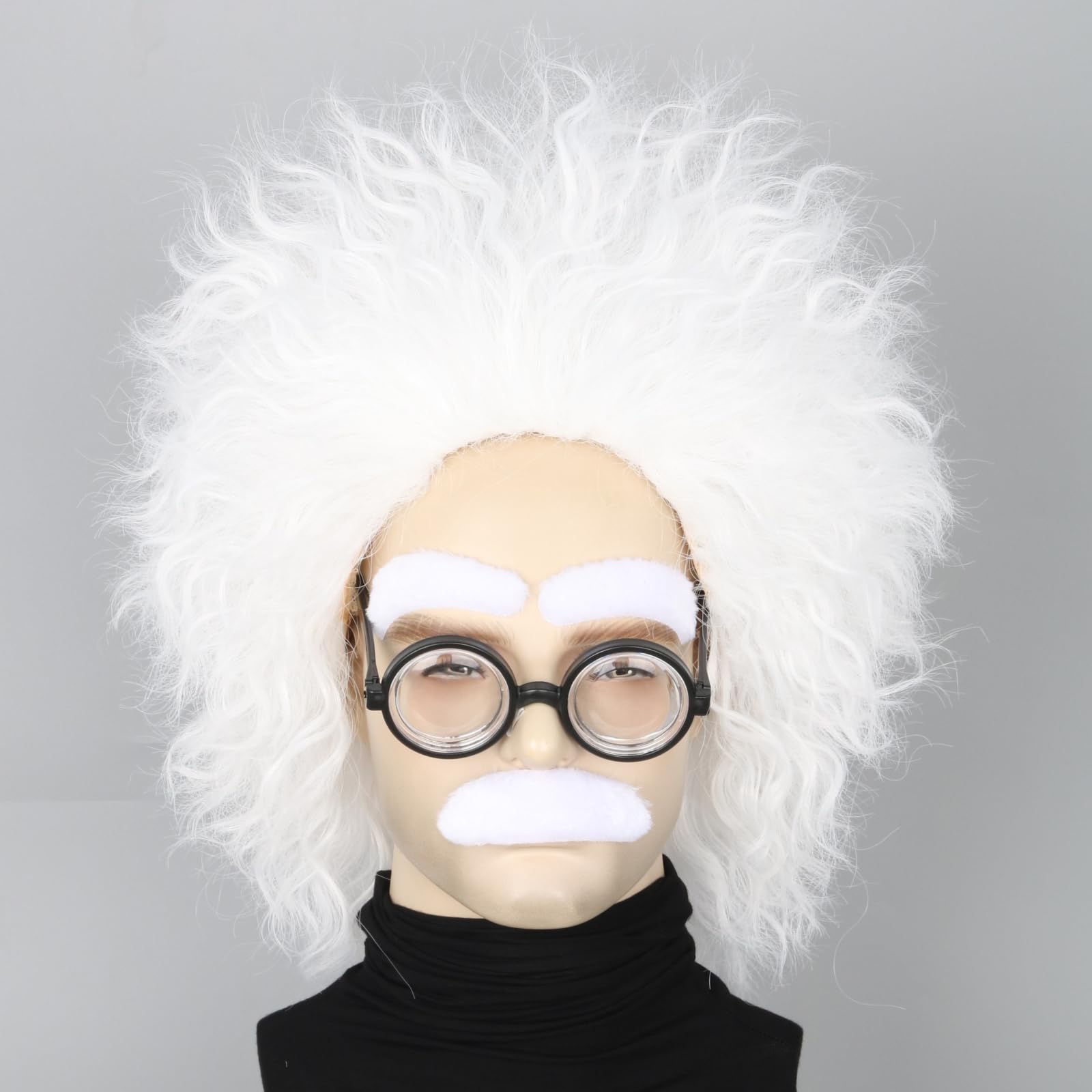 Topcosplay 4 pcs Crazy Scientist Wig and Mustache Glasses Eyebrows Mens White Short Wig Professor Old Man Grandpa Wigs (White)