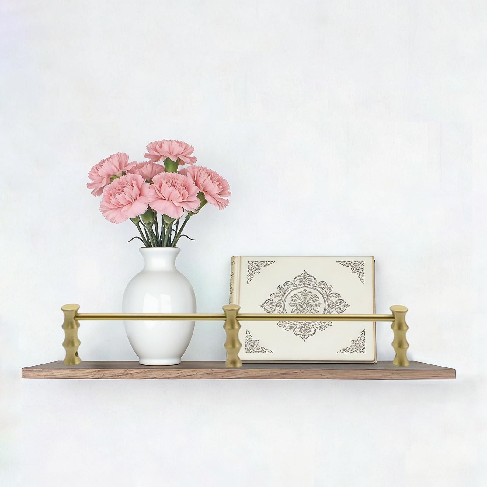 Generico Binari in Ottone Massiccio per Appendere mensole in Legno, ringhiera Decorativa per mobili, Set di binari per mensole con Barra Rotonda Lunga e 3 montanti (Stile A, 36 cm)
