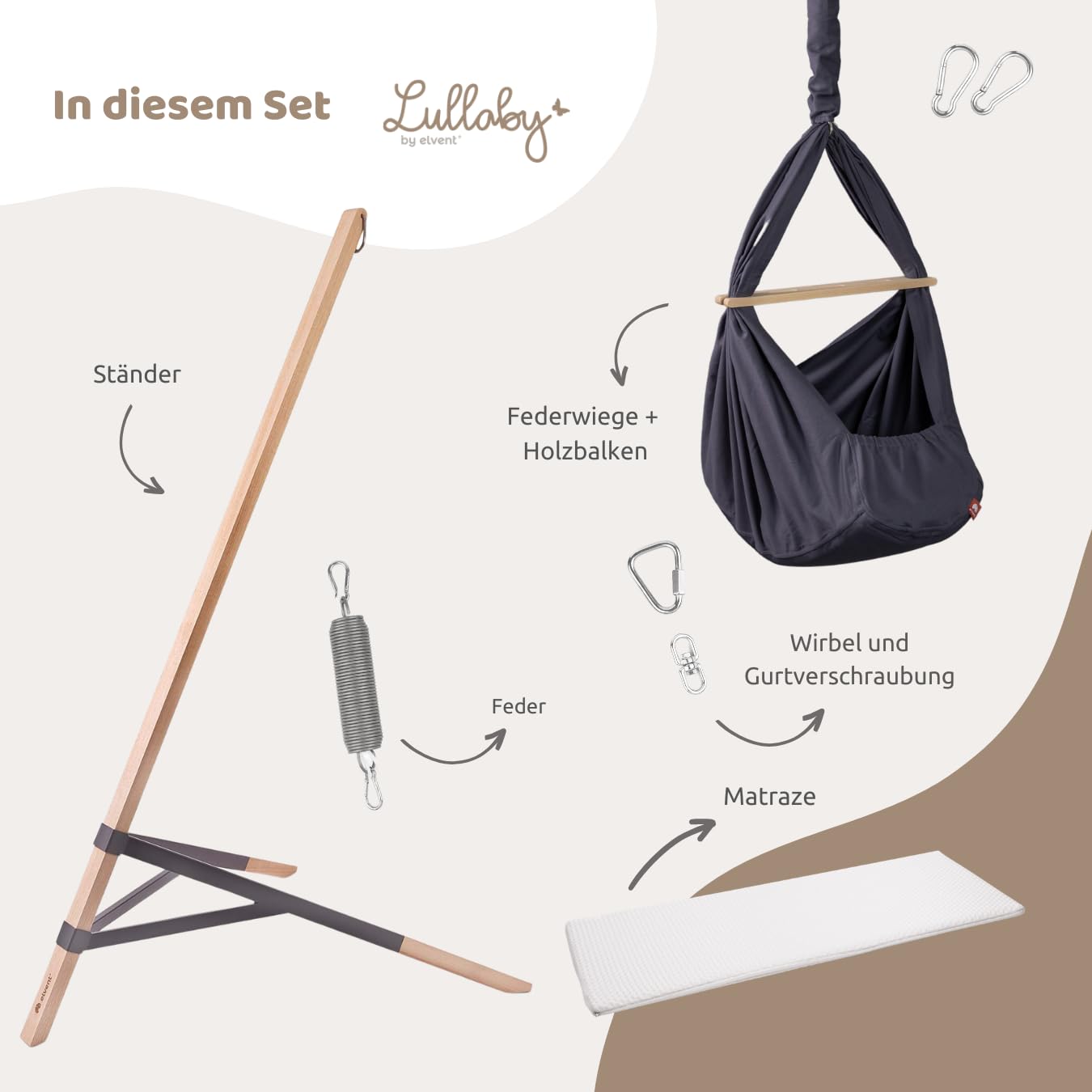 elvent® Lullaby Federwiege Set mit Matratze, Baumwolle, Made in Germany (Baby Hängewiege mit Ständer, Basaltgrau)