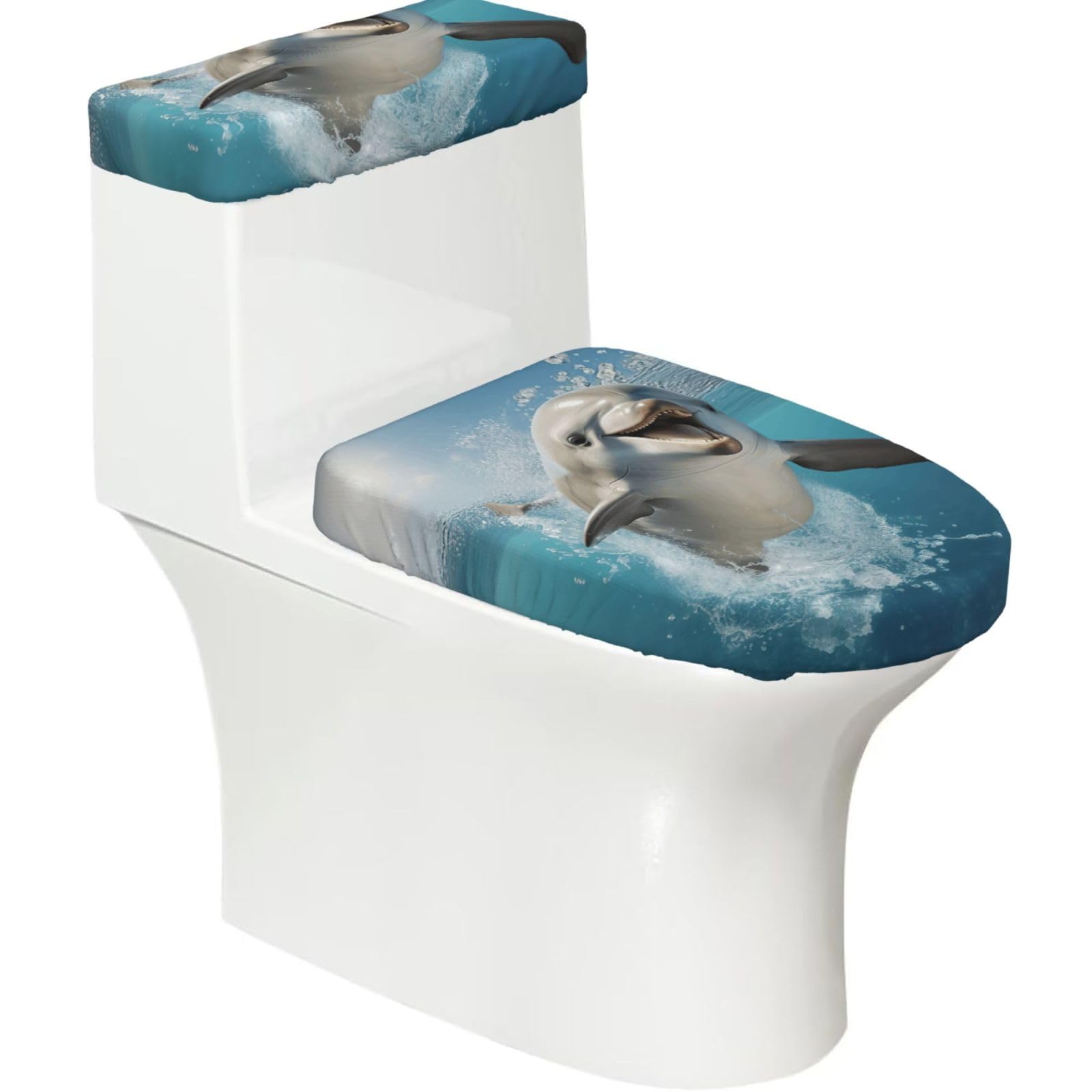 Funny Animal Dolphin Printed Toilet Tank and Lid Cover Set of 2 for Most Bathrooms, Fits Elongated Round Toilets