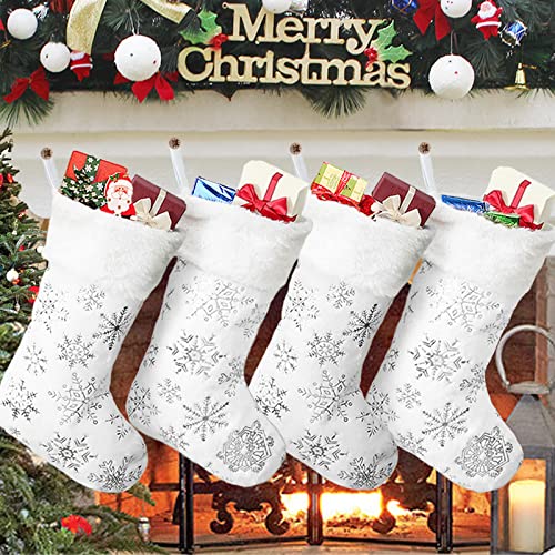 LiHoota Christmas Stockings Large 18 inches 4 Pcs - Plush Faux Fur Xmas Stocking with Silver Snowflake, for Family Holiday Personalized Party Decorations