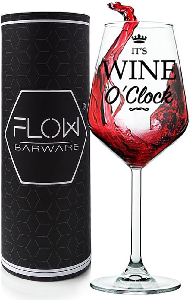 Flow Barware Wine Gifts for Women, Funny Wine Glass Set | Novelty Drinking Glass Gift Set with Cool O'Clock Design | Fun Present for Women, Mum, or Teacher Gift