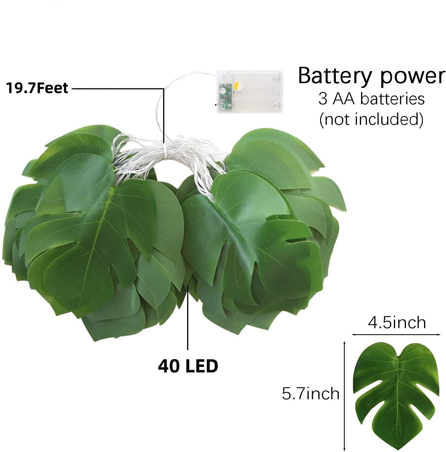 Guirnalda de 40 luces LED de hojas, hojas de palma tropicales artificiales, hojas de palma de ratán tropicales, plantas colgantes de pared para decoración del hogar, jardín, fiesta, vides para