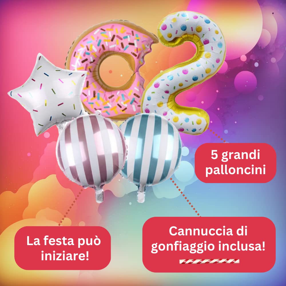 Set Decorazioni Per 2° Compleanno Con Palloncini Donut E Numero 2 XL - 5 Pezzi In Alluminio Con Cannuccia - 4
