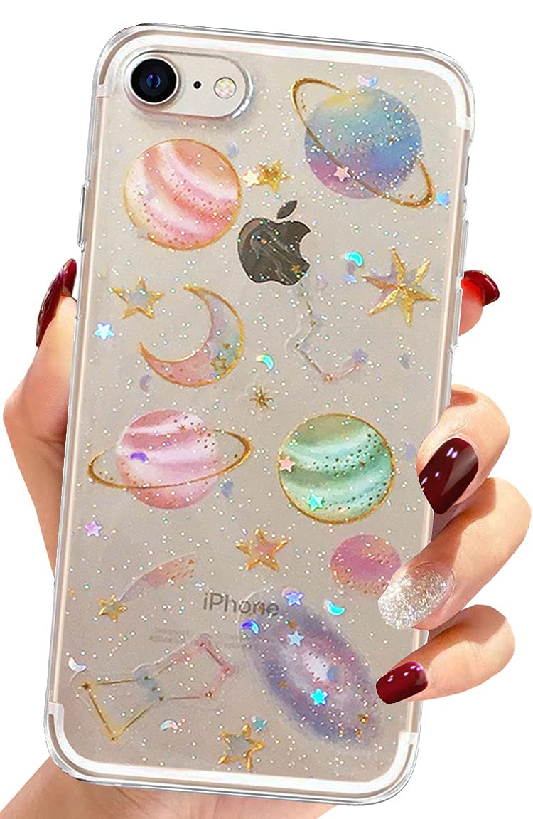 Efitoo Case for iPhone 7/8/SE 2020, Clear With Design Soft Silicone Rubber Stars Planet Moon Sun Woman Girls Bling Sparkle Shiny Phone Cases Cover for iPhone 7/iPhone8/iPhone SE 2 (Bling Stars)