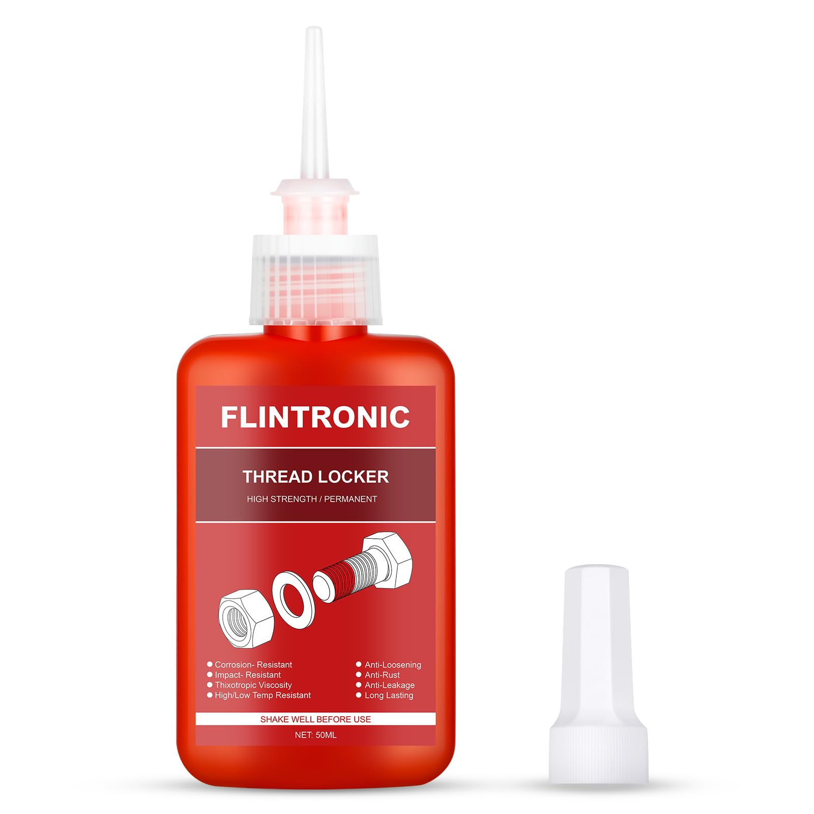 flintronic Thread Lock Red, 50ml High Strength Threadlocker, Locktight Threadlock Against Losening and Leakage, Lock and Seal Nuts, Bolts, Fasteners and Metals