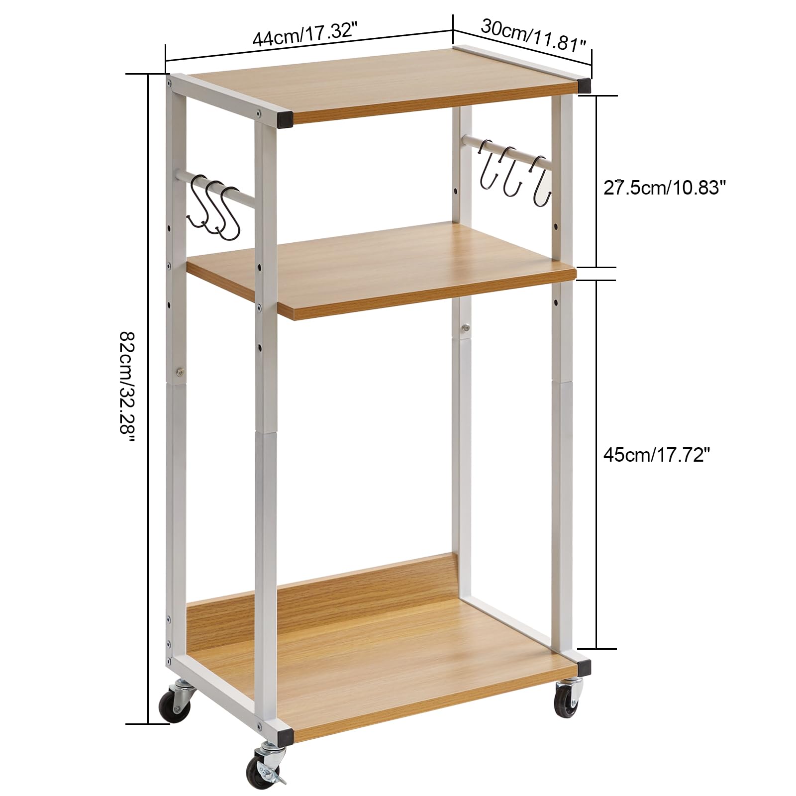 YMYNY Soporte para Impresión de 3 Niveles, Carro de Impresora de Escritorio, con Pies Ajustables y Ruedas Bloqueables, para Oficina, Cocina, Estilo Industrial, 44×30×82CM Color Natural HPT002N