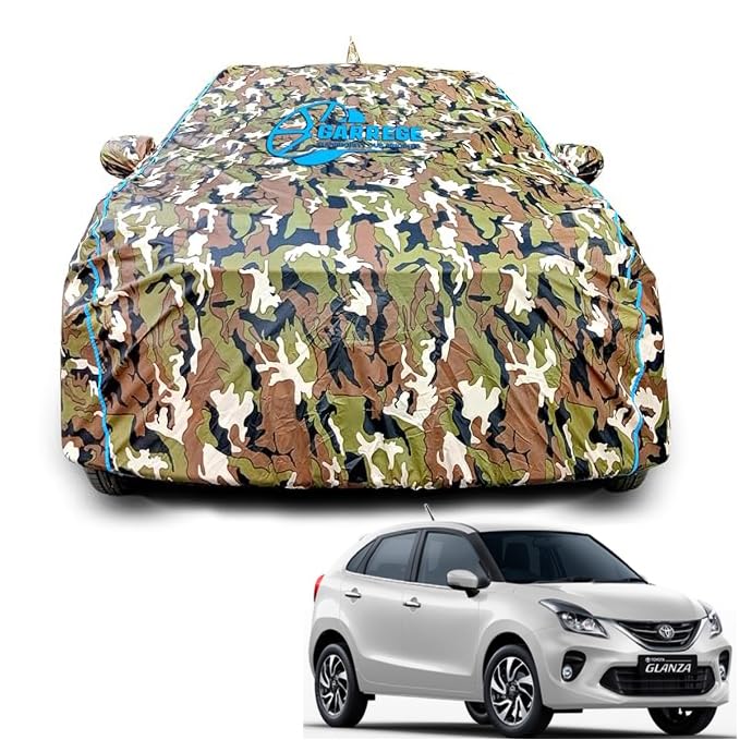 GARREGE® Toyota Glanza Car Body Cover Waterproof with Mirror and Antenna Pocket and Soft Cotton Lining (Full Bottom Elastic Triple Stitched) (Jungle Print with Blue Piping) Style