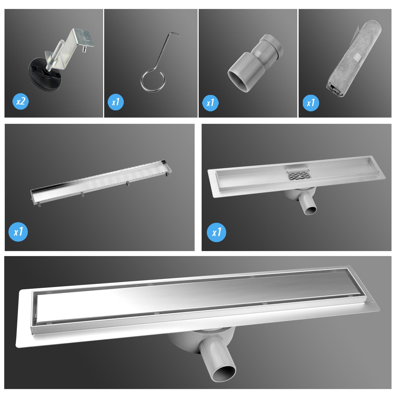 Canaleta de Ducha 70cm, 2 en 1 Desagüe Ducha INOX con Sifón 360° | Plateado,304 Inox, Kit Completo, Filtro Antiolores y para Cabello,Insertable en Azulejos, Drenaje Rápido, Fácil de Limpiar