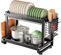 Escorredor De Louças 2 Andares Multifuncional De Bancada Com Suporte Para Talheres e Copos, Organizador de Cozinha em Aço Inox, Antiferrugem, Escoredor De Pratos