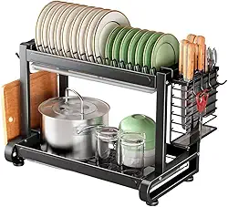 Escorredor De Louças 2 Andares Multifuncional De Bancada Com Suporte Para Talheres e Copos, Organizador de Cozinha em Aço Inox, Antiferrugem, Escoredor De Pratos
