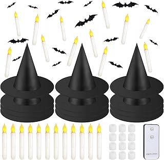 80 Pcs Halloween Hanging Witch Hats and Taper Floating Candles Set Includes 12 Witch Hats 12 LED Floating Candles Lights 56 3D Bats Wall Stickers for Halloween Decoration Front Porch Yard Decor