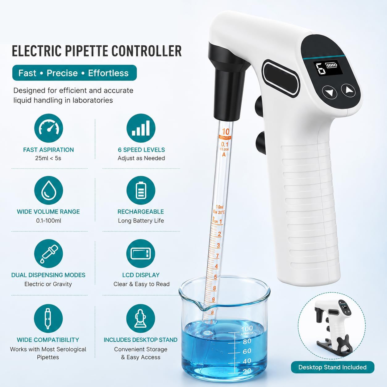 Controlador de pipeta eléctrico, ayuda de pipeta digital de 0,1 a 100 ml con pantalla LCD y batería recargable, bomba de pipeta electrónica de 6 velocidades para aspiración y dispensación de líquidos
