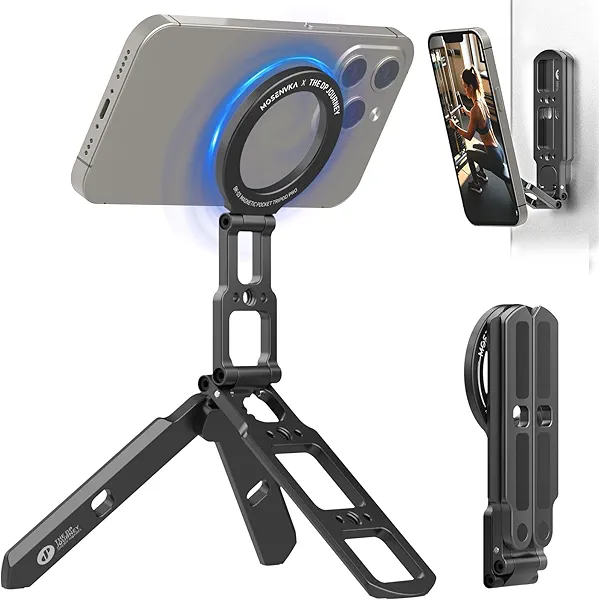 MOSENVKA Dual Magnetic Phone Tripod Foldable Double Magnet Mount Pocket Cell Phone Stand for iPhone 16/15/14/13/12 Plus Max for Ipad Travel Gym Magnetic Tripod [US Patent Registered]