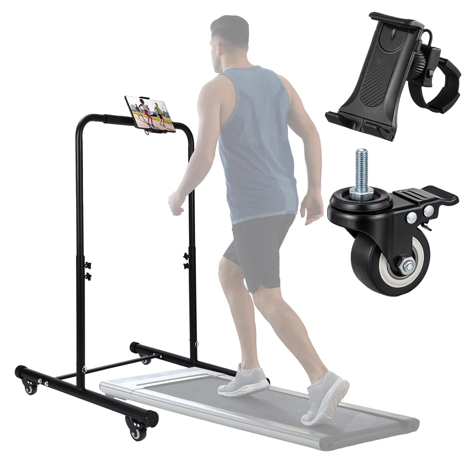 Leinuosen 28.74 Inch Handle Bar for Walking Pad Only with Phone Holder and 4 Wheels with Brakes Stainless Steel Increase Height Walking Pad Handle Bar Adjustable Handrail Height from 51.2 to 67.7 Inch