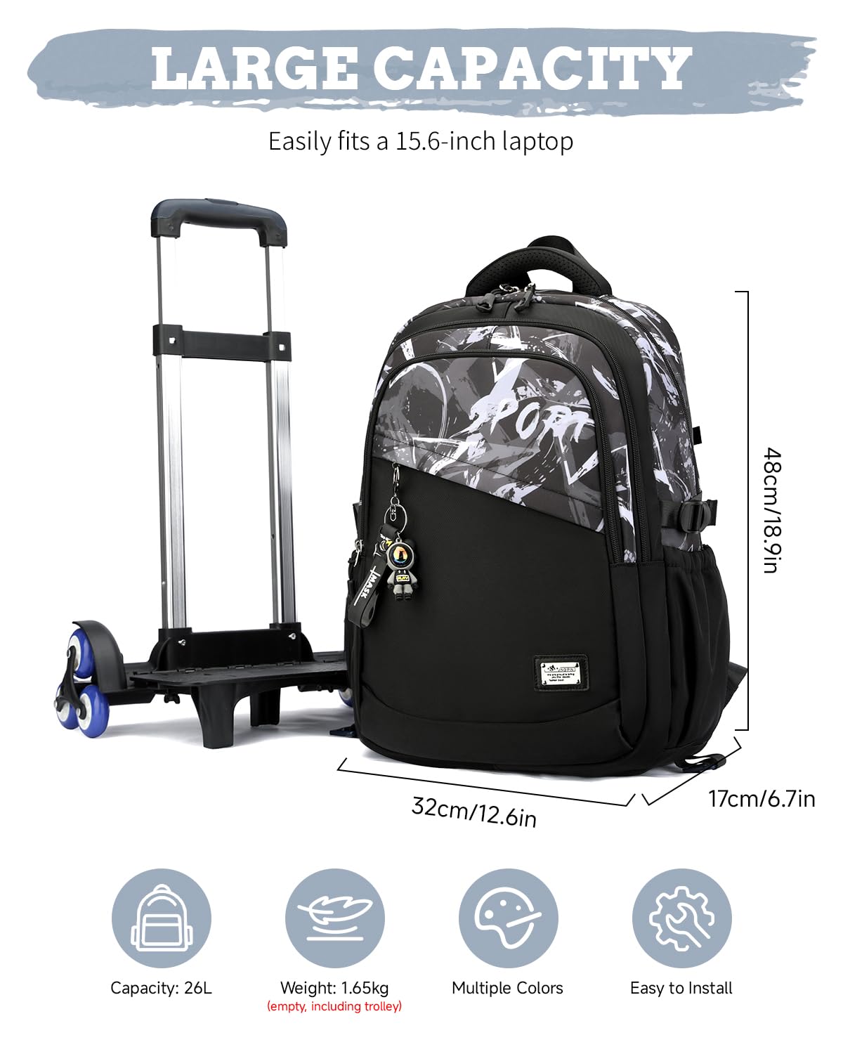 Zaino con Ruote per Ragazzi Adolescenti, 26L Zaini Scuola Trolley Media e Superiore Staccabile, Zaino Ragazzo Impermeabile Nero Graffiti-Daypack da Viaggio con Carrello