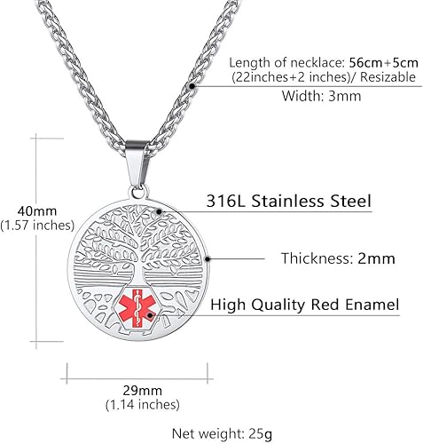 Miniatura 6 de Supcare Collar de alerta médica para hombres y mujeres, colgante de emergencia médica grabado de acero inoxidable, joyería de identificación médica