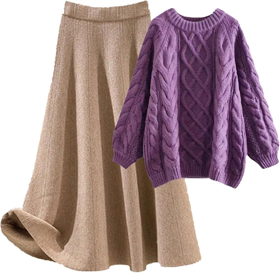 [YJSO] ニットスウェット レディース セーター 秋冬 2点セット スカートスーツ 厚手 ニットセーター+スカート プルオーバー