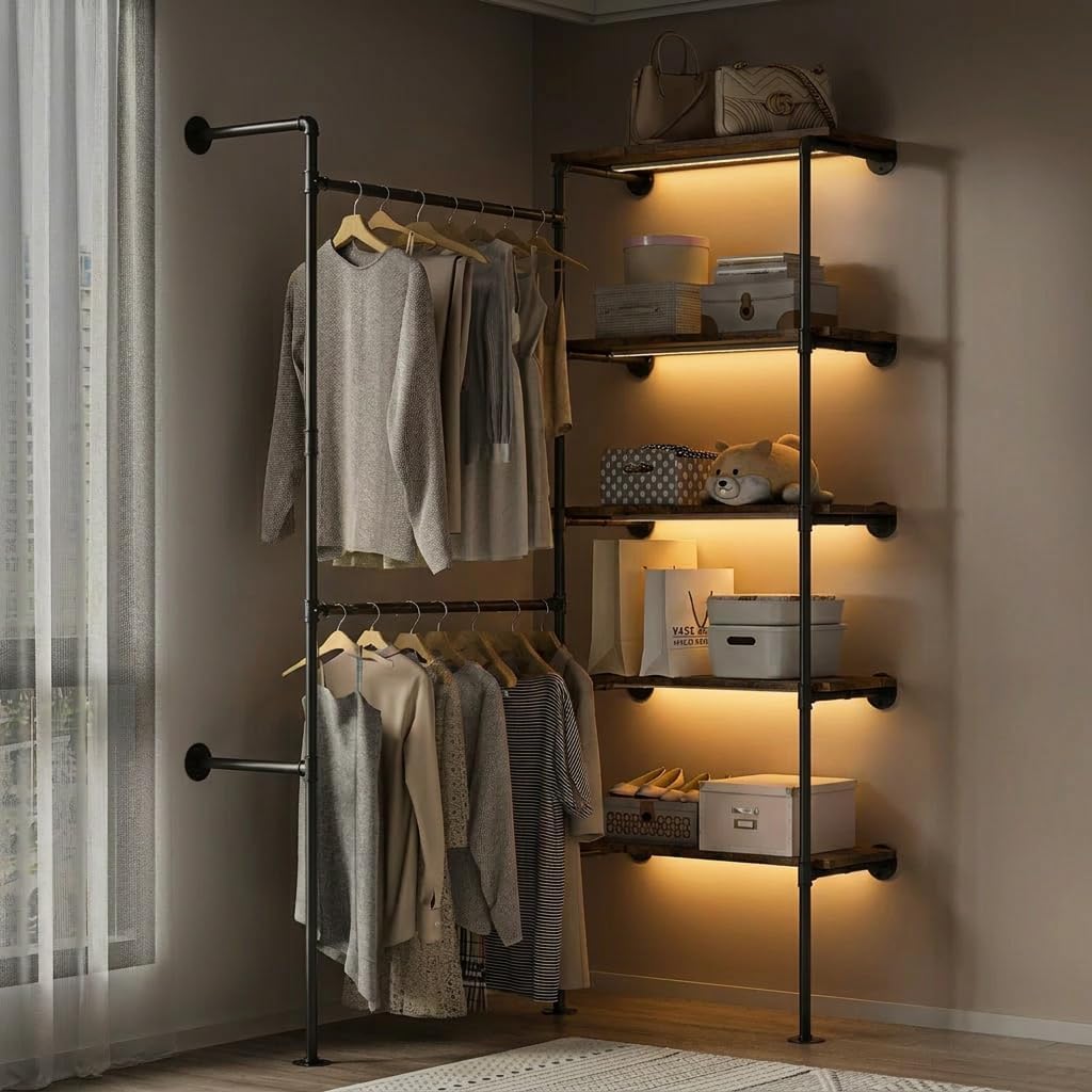 Industrial Pipe Clothing Rack with LED Lights& Shelves, Black | Wall Mounted DIY Garment Rack with 2 Adjustable Rod & 5 Shelves, Heavy Duty Closet Organizers System in Wardrobe Closet
