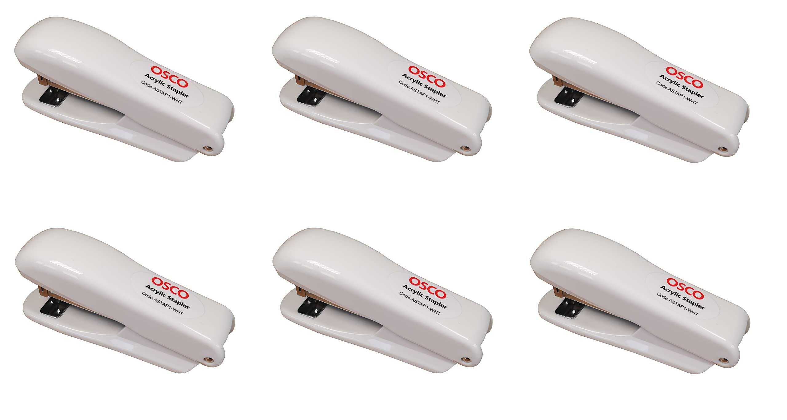 OSCO Hi-Gloss Plastic Paper Stapler, Handheld Top-Loading Stapler with 10-Sheet Capacity, Compatible with Standard 26/6 Staples, Compact Modern Office & Home Use, 6 Pack, White
