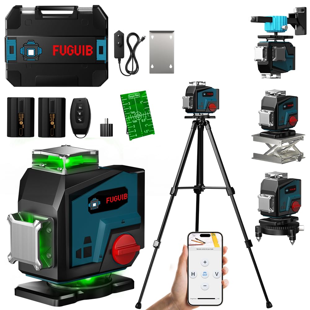 Nivel Laser Autonivelante 360 Grados con Trípode, Nivel Láser Verde 16 Líneas, 2 x 360 Horizontal y 2 x 360 Verticales, 2 x 5200mAh Batería, Control Remoto, Base Magnética, Soporte Giratorio