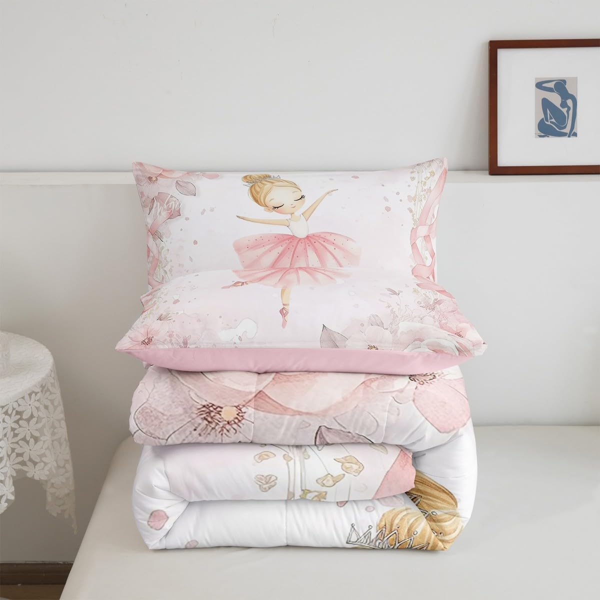 Feelyou Pink Ballet Dancer Comforter Set Twin Size Cute Flowers Bedding Set for Girls Kids Teens Dancing Girl Theme Microfiber Quilt Duvet 1 Quilt and 1 Pillowcase