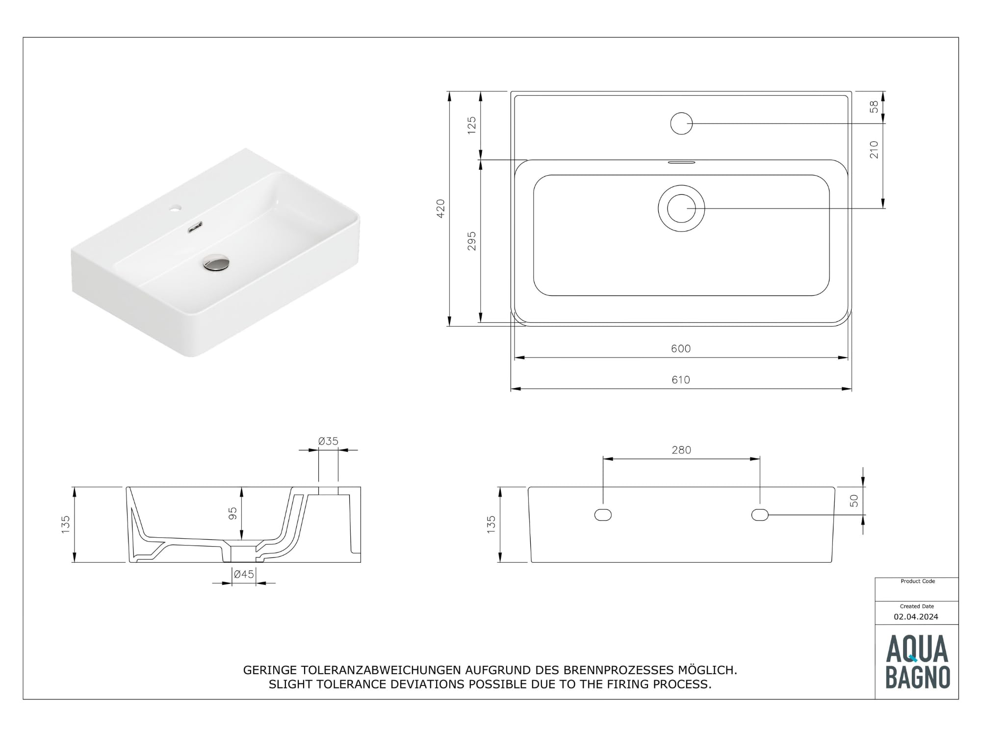 Aqua Bagno Keramik Waschbecken 60cm, Modernes Design für Bad & Gäste-WC, Aufsatzwaschbecken weiß