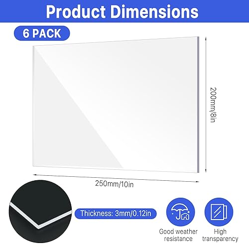 Miniatura 2 de 6 hojas de plexiglás de 8 x 10 pulgadas, hoja acrílica transparente de 18 pulgadas de grosor (0.118 in) con papel protector, tablero acrílico