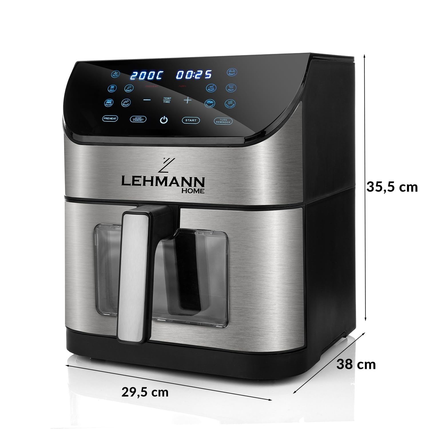 LEHMANN Friggitrice ad Aria XXL 8 Litri, 1800 W, Air Fryer con Finestra di Visualizzazione, Pannello Digitale, 12 Modalità Intelligenti, max 200°C, Lavabile in Lavastoviglie, 90% di Grassi in Meno