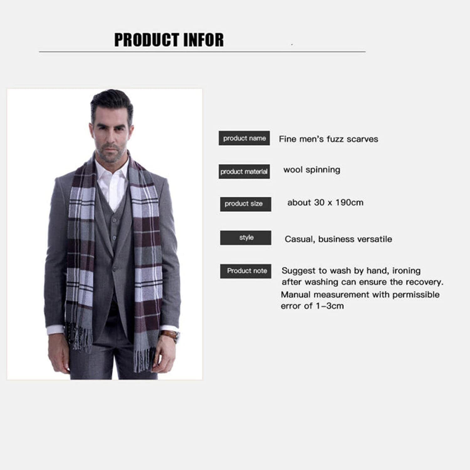 Bufanda Chal Bufandas Hombres Moda Gris Plaid Otoño Invierno Bufandas Hombres Spinning Classic Muffler Hombres Suave y Cálida