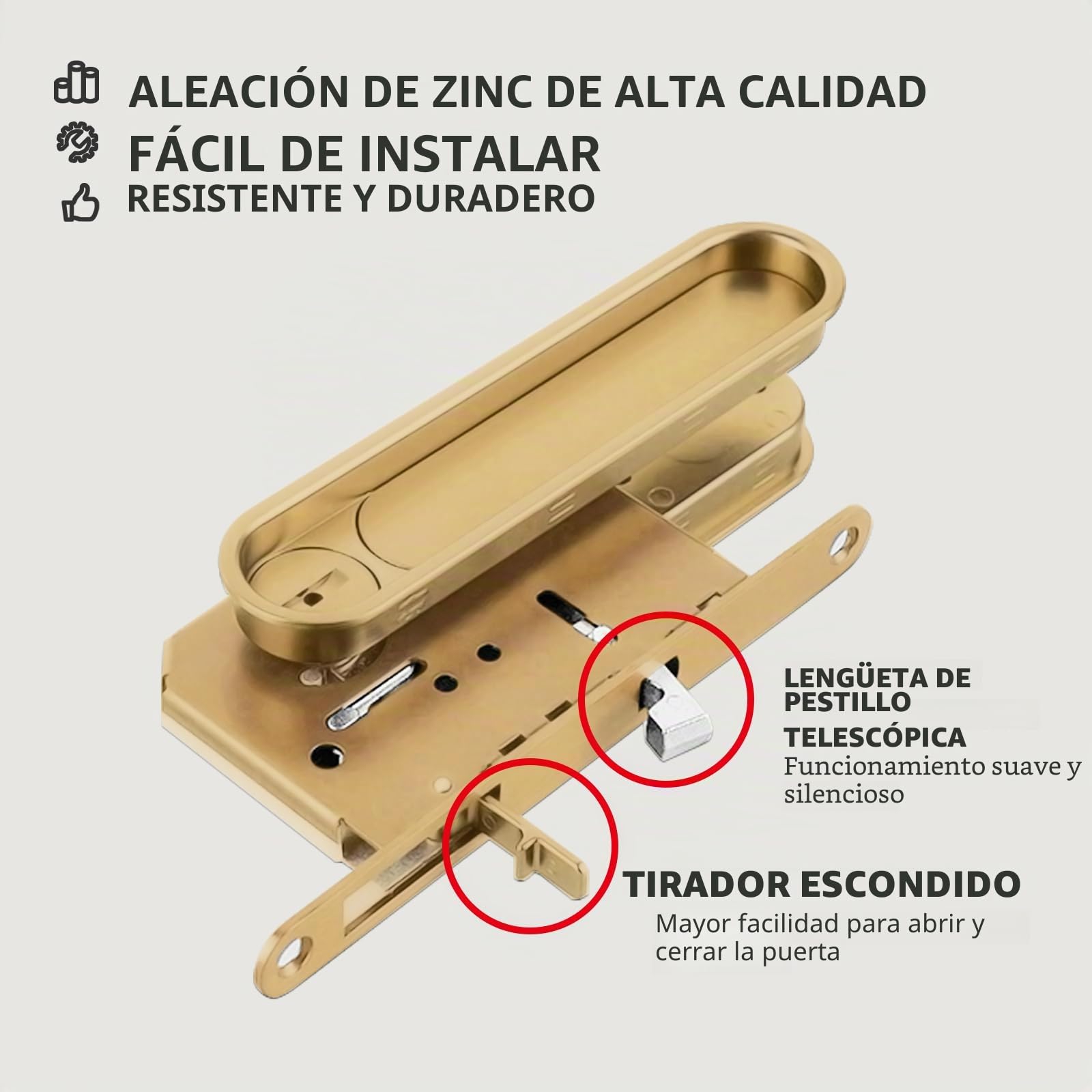 Hoconnie Cerradura de puerta corrediza y tirador de bolsillo empotrado, cerradura invisible para puerta de 154 mm (dorado, para puerta de 35-45 mm)