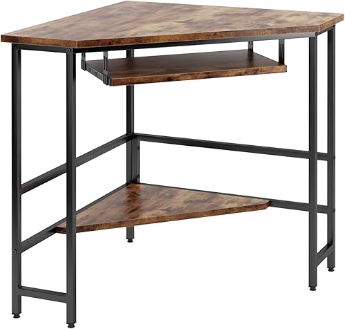 Miniatura 7 de DlandHome Escritorio esquinero triangular para computadora con bandeja para teclado, mesa de computadora portátil, escritorio pequeño para