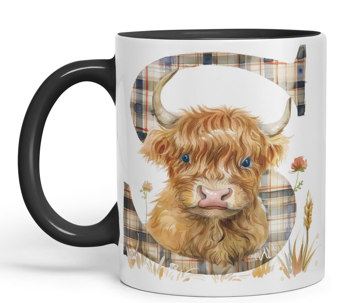 Vixar Highland Cow Alphabet Monogram Coloured Ceramic Cup Mug – Letter S – Rustic Farmhouse Animal Letter Gift – 11oz (Black)