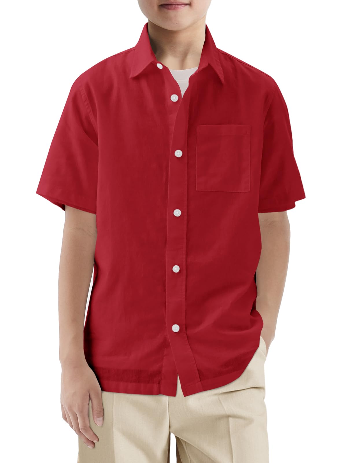 Haloumoning Boys Short Sleeve Dress Shirts Kids School Uniform Button Down Shirt with Chest Pocket 5-14 Years
