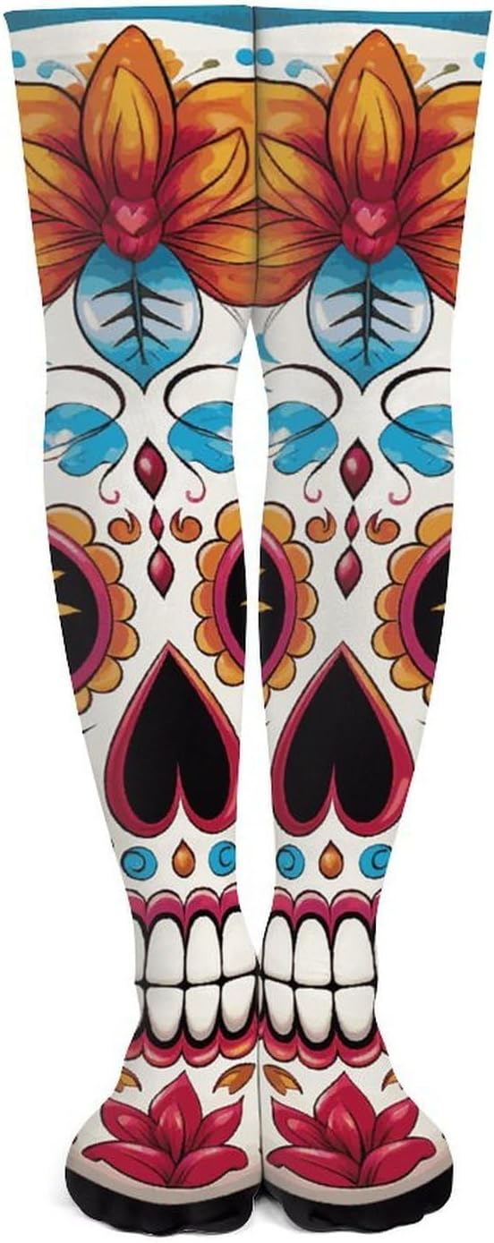 Colorful Sugar Skull Knee High Stockings for Women 23.6" Breathable Thigh High Stockings Over The Knee Socks