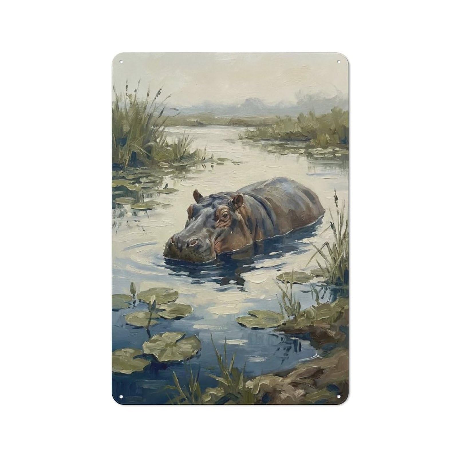 Junmoney Style Hippopotamus In A Lily Pond Retro- Printed Metal Sign 30X20cm For Hallway Wall, Winter Wall Decor For Wall Display Collectors