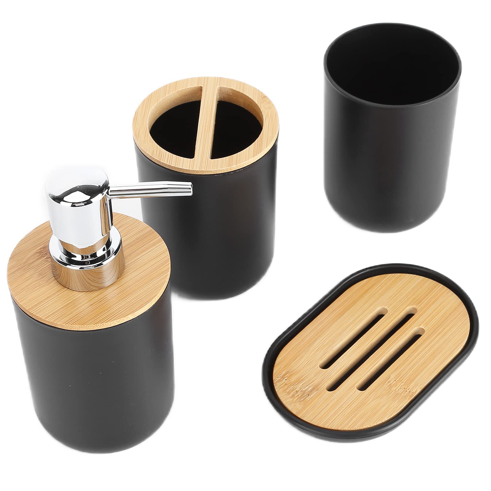 Set di 4 accessori da bagno completo con portaspazzolini, portasapone, dispenser di lozione e bicchiere, in plastica e bambù, colore: nero