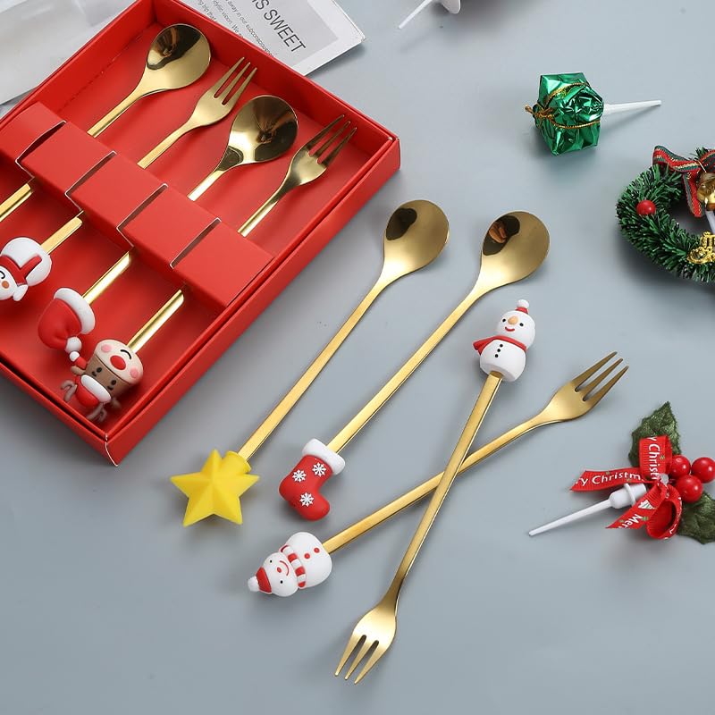 Juego De Cubiertos De 6 Piezas con Diseño Navideño Creativo De Acero Inoxidable, Cuchara Y Tenedor De Postre.，Gold-8Set