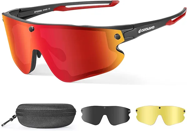Odoland Polarized Cycling Sunglasses with 3 Magnetic Lenses for Men Women, UV400 Sports Goggles for MTB Running Fishing Red