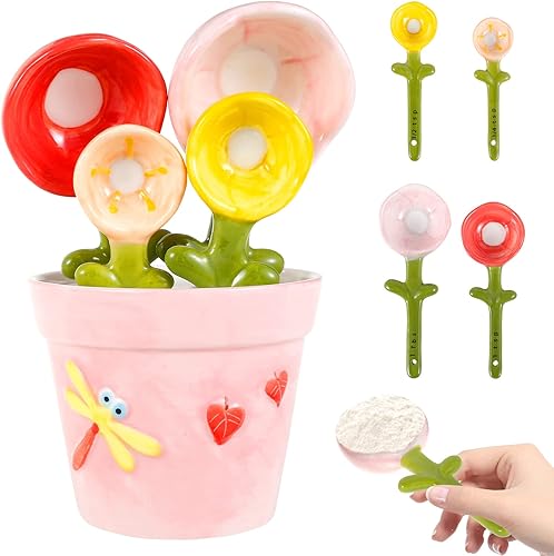 Juego de 4 cucharas medidoras de flores de cerámica con base, maceta decorativa y juego de tazas para el hogar y la cocina (rosa)